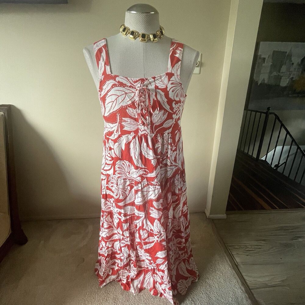 Who What Wear Linen Blend Midi Dress Red & White Floral Women’s Size Small Beach